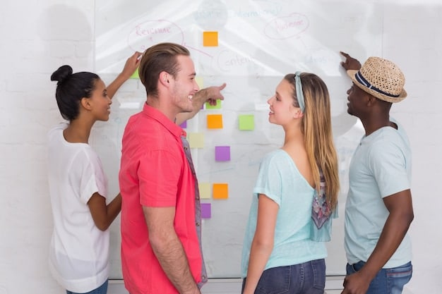 A creative team gathered in a brainstorming session, surrounded by whiteboards covered in colorful sticky notes filled with content ideas for TikTok. They are enthusiastically discussing different concepts and strategies.