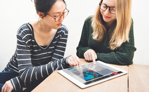 Two TikTok creators strategizing together over a tablet, analyzing analytics and planning their next collaborative video. The environment showcases a modern, tech-forward workspace, emphasizing data-driven decision-making in their partnership.