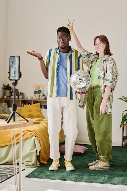 Two TikTok influencers are recording a lively dance challenge video in a creatively decorated bedroom. The scene is energetic with vibrant lighting and playful elements, reflecting the spontaneity and fun of TikTok trends.