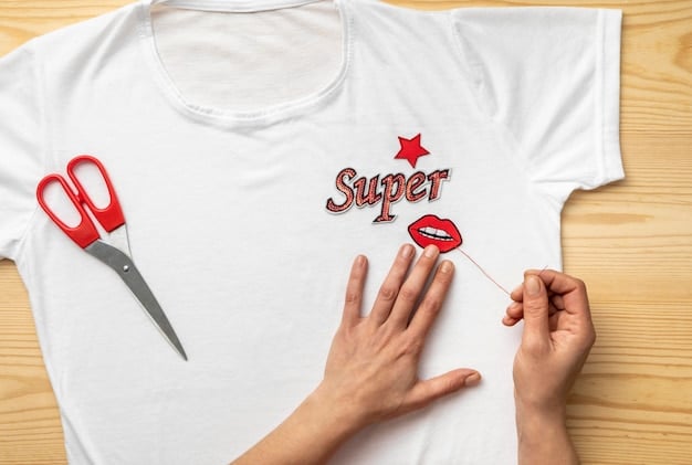 A close-up shot of a woman customizing a plain white t-shirt with fabric markers and stencils to create a trendy graphic tee. The image emphasizes the DIY aspect of recreating Instagram styles on a budget, with various art supplies scattered around.