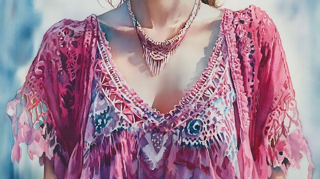 A person wearing a brightly colored, flowing bohemian dress and layered necklaces, standing in front of a mural with vibrant patterns. The image captures the essence of the boho-chic style, emphasizing color, texture, and individuality.