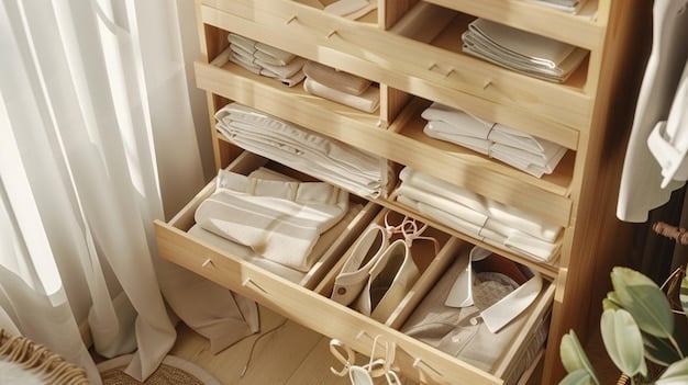 A clean, well-organized closet with neatly folded minimalist clothing in neutral colors. The image showcases a capsule wardrobe with essential pieces like a white shirt, black trousers, and a beige sweater.