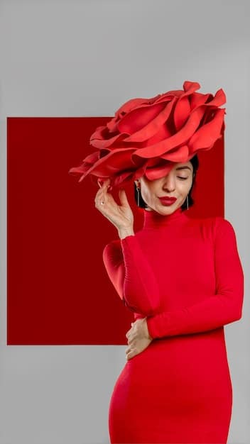 An Instagram post featuring a model wearing a striking red dress against a neutral background. The focus is on the vivid color and the confidence it conveys.