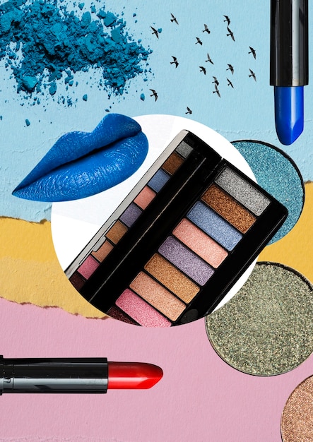 A collage featuring Temu beauty product dupes, including eyeshadow palettes, lipsticks, and skincare items, alongside comparable designer products, highlighting the cost savings potential without sacrificing quality.