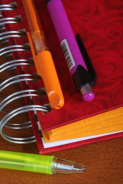 A close-up shot of several essential school supplies (notebooks, pens, highlighters) neatly arranged on a desk, highlighting the variety and affordability available through Temu's back-to-school sale.