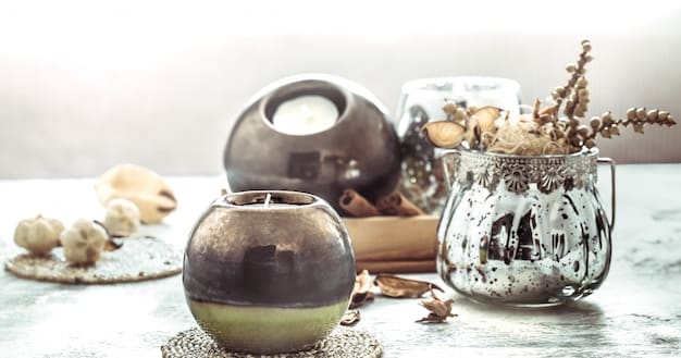 A close-up shot of a variety of small decorative items from Temu, such as candles, vases, and small sculptures, arranged on a shelf to showcase their aesthetic appeal and affordability.
