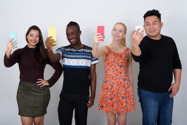 A diverse group of young people interacting with their phones, showing various TikTok filters and trendy sounds visualized as floating icons around their heads, suggesting widespread adoption and algorithmic influence.