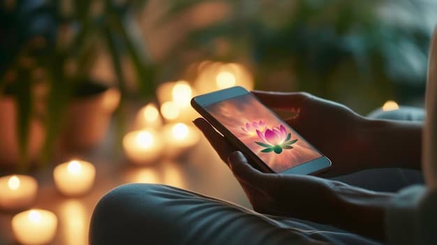 A person's hand holding a smartphone displaying a calming wellness app, surrounded by subtle glowing data streams, illustrating mindful digital habits.