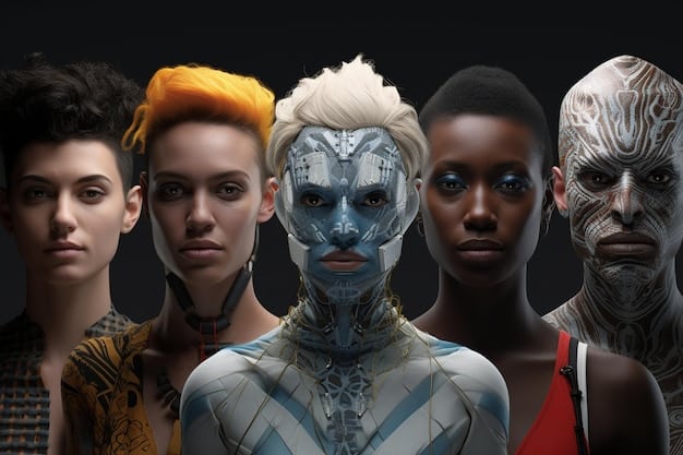A stylized, futuristic portrait of a diverse group of AI-generated characters in various poses, suggesting diverse personalities and narratives, set against a digital background. Bright, contrasting colors.