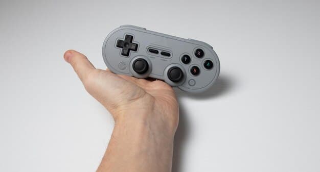 A close-up of a hand holding a retro-style gaming controller, with a faint, transparent overlay of TikTok's logo. The background is a blurred digital display of pixel art or classic game characters, evoking a sense of nostalgia for older games while blending with modern digital trends.