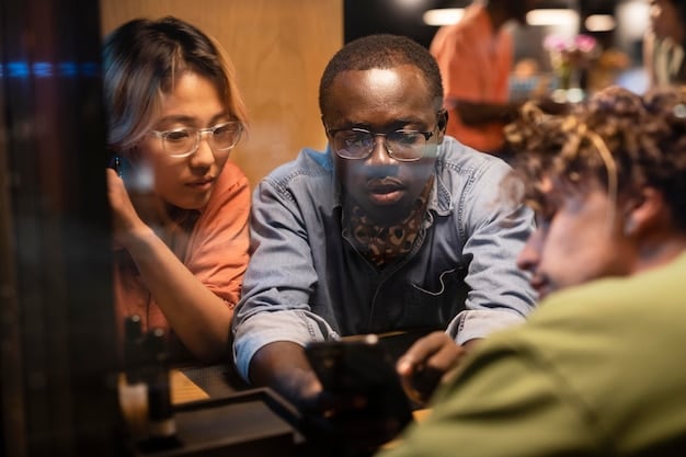 A diverse group of young adults, engrossed in reading, sitting comfortably in a modern, brightly lit cafe, with some subtle digital effects suggesting a connection to online communities.