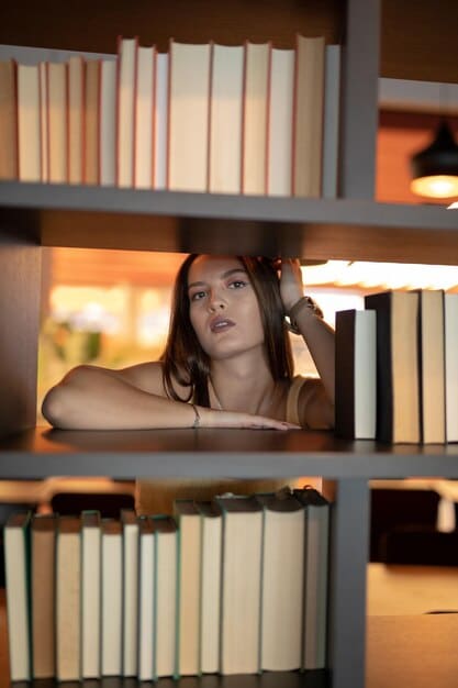 A person thoughtfully looking at a shelf filled with books, some books highlighted with faint question marks or a subtle glow, conveying reflection on selection amidst trends.
