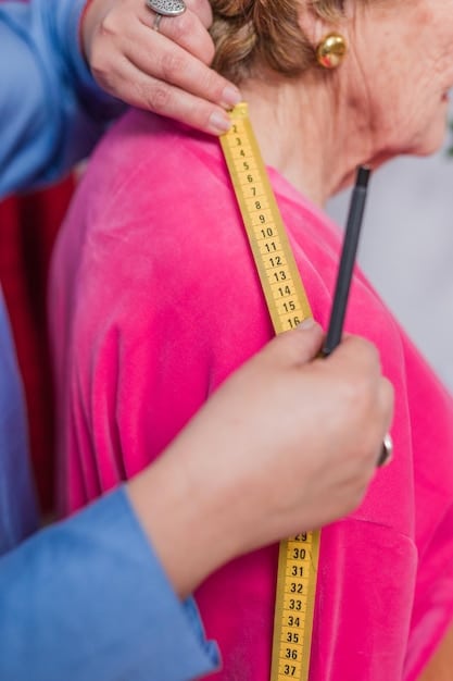 A close-up shot of a measurement tape being used on a mannequin, specifically measuring the bust, waist, and hip areas, with clear labels for each measurement. The background is a clean, minimalist fashion studio.