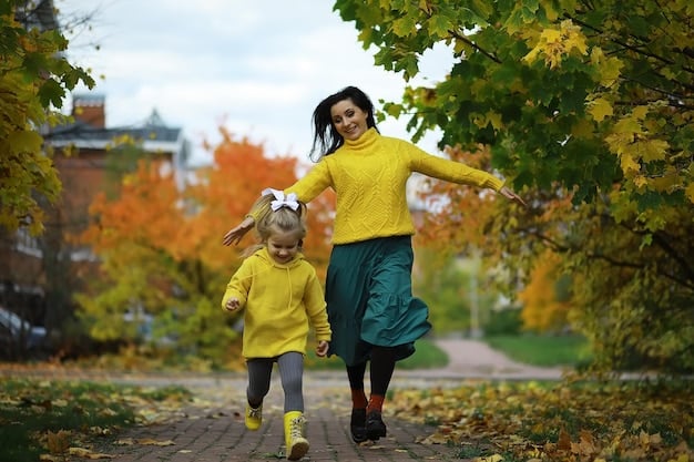 A child happily running in a vibrant outfit, with a parent in the background holding a tape measure, playfully indicating the challenge and joy of finding well-fitting clothes for fast-growing kids. The setting is a bright, airy playroom.