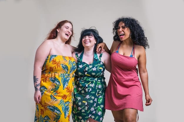 A diverse group of young women, each with a different curvy body type, happily trying on various trendy Shein outfits in a brightly lit dressing room, showcasing fit diversity.