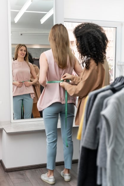 A person trying on a Shein purchase in front of a mirror, checking the fit and quality, with other Shein packages in the background.