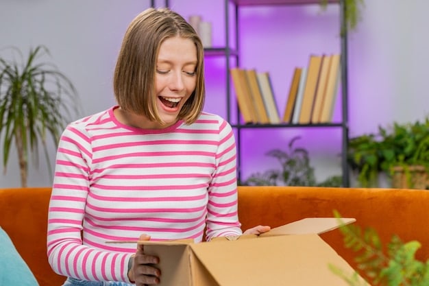 A person happily unboxing a package from Temu, with blurred motion to suggest quick delivery.