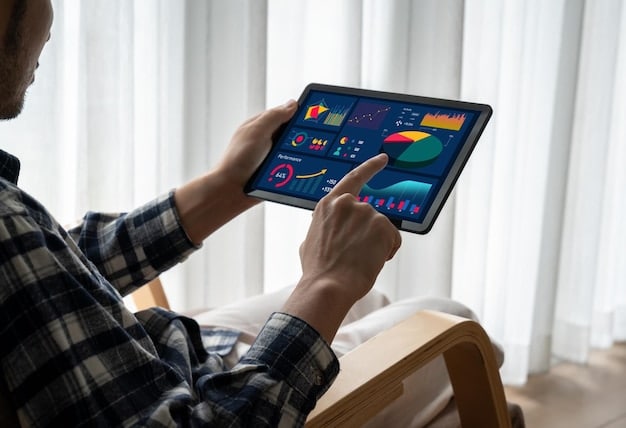 A person's hand pointing at a data dashboard on a tablet screen, showing Instagram engagement metrics like graphs for reach, impressions, and video plays, with an upward trend.