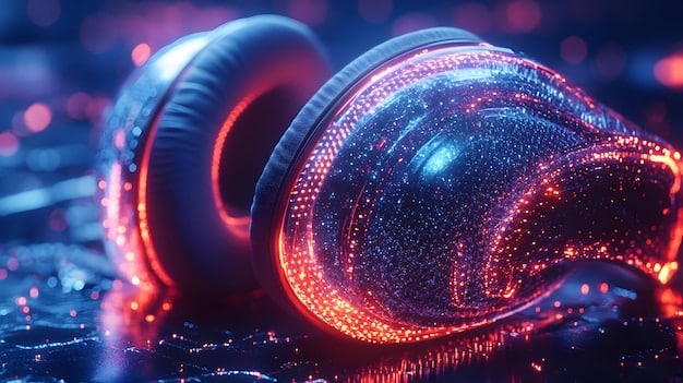 A close-up shot of a pair of headphones on a digital mixer, with glowing sound waves emanating from the mixer, symbolizing the discovery and manipulation of trending audio.