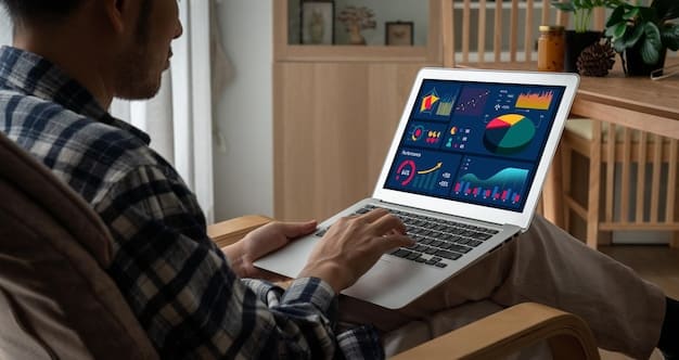 A digital marketing strategist analyzing Instagram metrics on a laptop, with various trending audio waveforms displayed on the screen, illustrating the strategic selection process.
