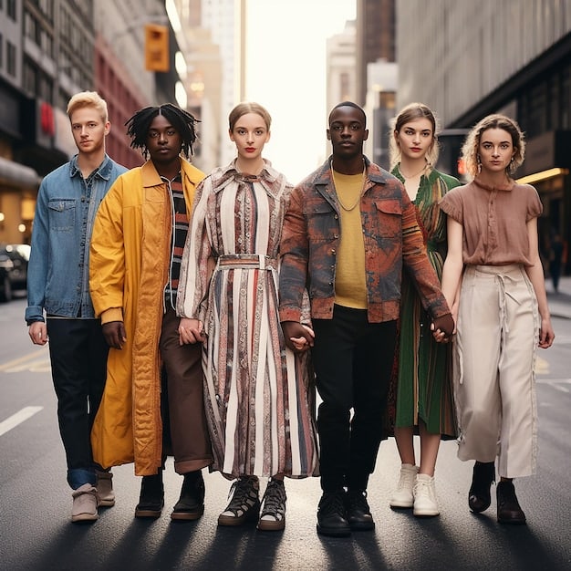 A diverse group of young adults, each styled in contemporary outfits featuring at least one visible Shein item under $20, showcasing diverse body types and personal styles in a dynamic, street-style setting.