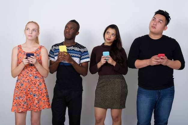 A diverse group of people from different demographics, eyes glued to their smartphones, comparing prices of various products, with Temu's distinctive orange logo subtly visible on one screen, suggesting widespread price comparison habits in 2025.
