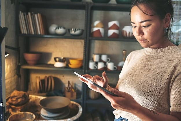 A person meticulously checking multiple reviews and product descriptions on their smartphone, with a backdrop of various packaged goods and a Temu shopping bag, symbolizing a diligent approach to online shopping in 2025.