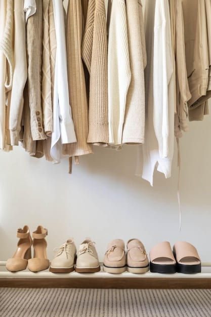 A neatly arranged capsule wardrobe is displayed on a clothing rack. The wardrobe features neutral-colored items such as a beige trench coat, a white button-down shirt, a gray sweater, dark wash jeans, and a black pencil skirt. The image emphasizes minimalism and versatility, key elements of The Ultimate Guide to Building a Capsule Wardrobe for the 2025 Traveler: Pack Light, Look Chic.