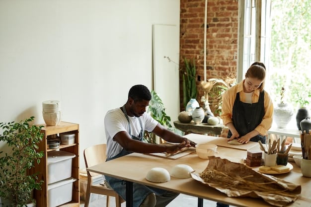 A well-lit workshop where artisans are handcrafting clothing items from sustainable materials. The atmosphere is collaborative and positive, showcasing fair labor practices and highlighting the human element in sustainable fashion as guided by The 2025 Guide to Sustainable Fashion: Style with a Conscience.