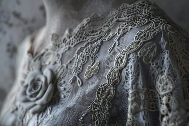 A close-up shot of a vintage dress showcasing intricate embroidery and delicate lace details. The image focuses on the craftsmanship and unique characteristics of vintage clothing, highlighting the timeless beauty and attention to detail. The background is softly blurred, emphasizing the texture and design of the dress - How to Style Vintage Finds: A 2025 Guide to Unique Fashion.