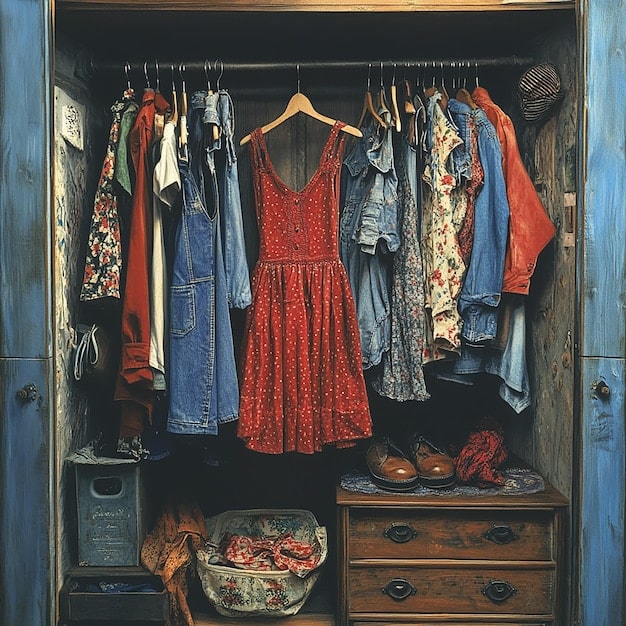A well-organized closet featuring a collection of carefully hung vintage dresses and blouses. The shelves above display neatly folded vintage scarves and hats, all protected in garment bags. The image highlights the importance of proper storage and care for preserving vintage clothing - How to Style Vintage Finds: A 2025 Guide to Unique Fashion.