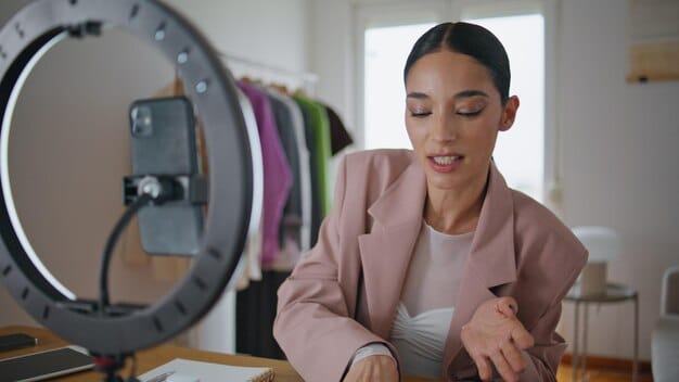 A close-up shot of a US fashion influencer creating content for a brand partnership, focusing on the details of the outfit and accessories. The image conveys a sense of professionalism and attention to detail, emphasizing quality content creation in US Fashion Influencer Collaboration Guide: Partnering with Brands for Long-Term Success.