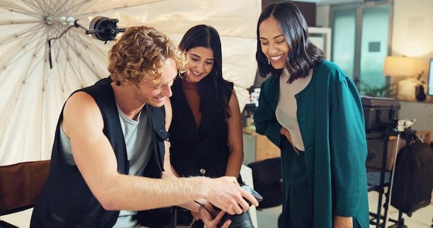 Two US fashion influencers in a meeting with a brand representative, discussing collaboration terms and agreements. The image portrays a professional and collaborative environment, highlighting the importance of negotiation and clear communication in US Fashion Influencer Collaboration Guide: Partnering with Brands for Long-Term Success.