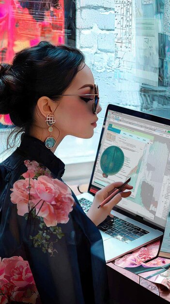 A fashion influencer is analyzing analytics dashboards on a laptop, surrounded by fashion magazines and sketches. The scene conveys how data and analytics drive SEO strategy.