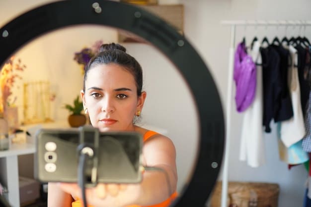 A close-up shot of a fashion influencer creating content for social media, showcasing a variety of high-end and accessible fashion pieces. The focus is on the meticulous detailing and styling, with equipment such as ring lights and professional cameras visible in the background. This captures the behind-the-scenes effort of a fashion influencer and their work process.