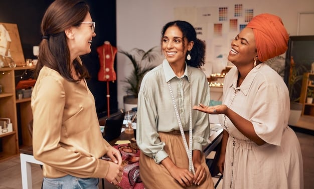 A diverse group of fashion influencers participating in a panel discussion about ethical and sustainable fashion practices at a conference. They are sharing their experiences and insights with the audience, emphasizing transparency and responsible sourcing.