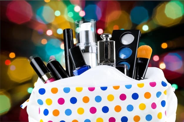 A close-up image of a Sephora shopping bag filled with various makeup products, with a focus on colorful eyeshadow palettes and a few popular lipstick brands. The lighting highlights the textures and finishes of the cosmetics.