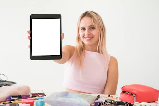 A person with various beauty products displayed on a vanity, holding up a smartphone showing a TikTok Shop haul video. The focus is on organization and the integration of social media into everyday beauty routines, surrounded by brushes, palettes, and other cosmetics. The phone's screen shows a prominent 