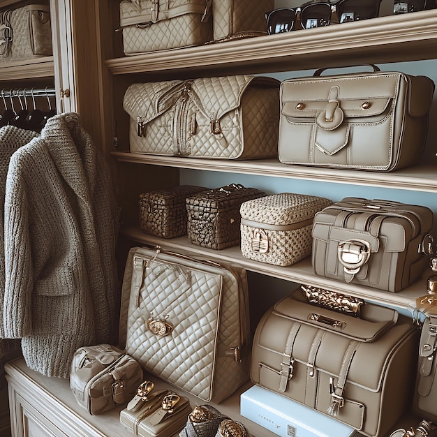 A well-organized closet showcasing a collection of luxury handbags, each displayed with care and attention. The bags vary in style, color, and brand, representing a curated collection. Soft lighting highlights the textures and details of the bags, conveying the sense of investment and appreciation. The overall impression is one of sophistication and personal style, reflecting that luxury handbags can be about more than just the brand. Unboxing a Luxury Handbag Haul might even be a gateway into building such a collection.