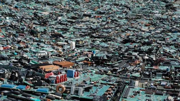 A panoramic view of a sprawling e-waste recycling facility, showing piles of discarded electronics and workers sorting through the materials. The image illustrates the significant environmental challenge posed by e-waste and the importance of responsible electronics disposal in relation to Is the Temu Electronics Haul Too Good to Be True? A 2025 Investigation.