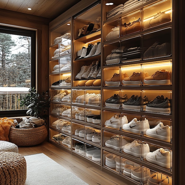 A well-organized closet showcasing various designer shoes. Each pair is carefully placed on shelves with shoe trees inserted. The lighting is warm and inviting.