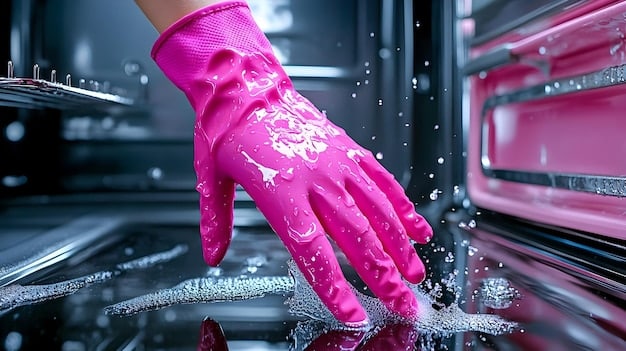 A close-up shot of The Pink Stuff cleaning paste being applied to a grimy oven door, showcasing its effectiveness in removing baked-on residue. The focus is on the paste's texture and the immediate visible difference. This scene relates directly to Testing the Viral TikTok Cleaning Product Haul: Do They Really Work? (2025).