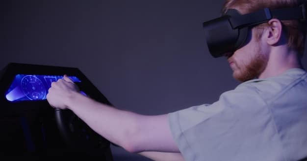 A person wearing a VR headset and touching a digital screen in the metaverse, showcasing how virtual interactions are becoming more lifelike and complex.