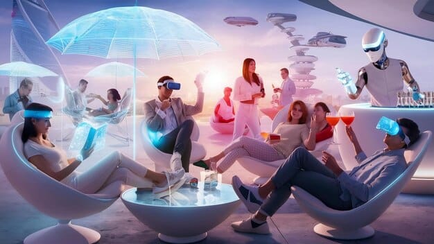 A group of people working collaboratively in a shared virtual workspace with digital screens and 3D models floating around them, illustrating the future of remote work in the metaverse.