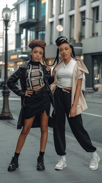 A street style photograph featuring two fashion-forward individuals wearing contrasting outfits. One is carrying a metallic silver micro-handbag, while the other sports a transparent plastic one filled with playful trinkets. The scene captures the diversity and individualism in how micro-handbags: Are they out, or are they still a must-have accessory in 2025? are styled.