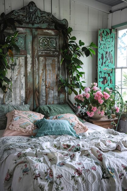 A bedroom featuring a blend of cottagecore and grandmillennial styles, incorporating floral patterns, antique furniture, and vintage art pieces. The room is filled with soft, natural light, creating a comfortable and inviting atmosphere. The mix of styles demonstrates one way Will the popularity of cottagecore decor continue its 20% annual growth into 2025? could be sustained.