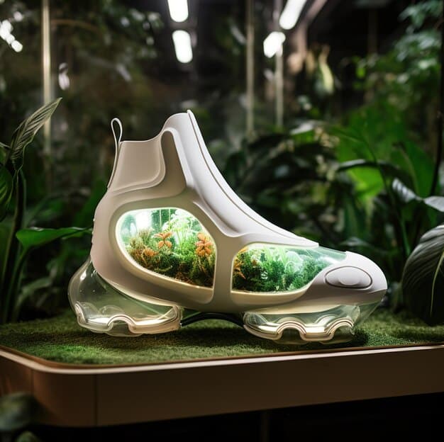 A display of futuristic athleisure footwear made from sustainable materials, showcasing customizable designs and tech integrations, emphasizing the evolution of Athleisure wear in 2025: What are the updated styles and key pieces to watch?.