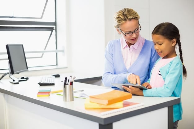 A teacher is shown working one-on-one with a student at a desk. The teacher is pointing out something on the student's tablet that is displayed on the desk. The student is smiling and appears engaged. The visual display and lesson is catered to the individual student for their unique learning style. The caption reads: 