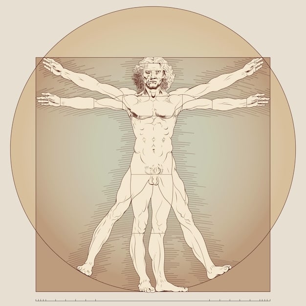 A split-screen image. On one side, Leonardo da Vinci's 