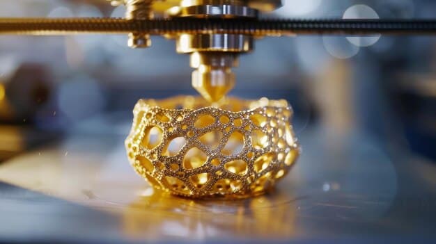 An image showcasing a 3D printer creating a delicate piece of personalized jewelry. The focus is on the precision and intricacy of the printing process, highlighting the technological advancements that are driving the trend of personalized jewelry and its potential impact on Will the popularity of personalized jewelry continue its upward trend in 2025?.